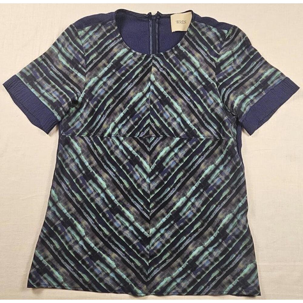 Wren Women's Blue Patterned‎ Shirt 100% Silk Size Small